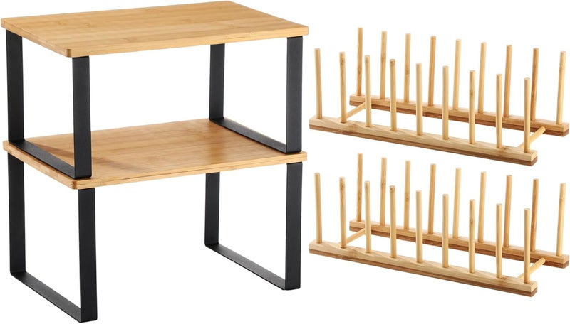Marsui 4 Pcs Kitchen Organizer Accessories Set Cabinet Organizer Shelf and Bamboo Dish Drying Plate Rack Counter Shelves Storage Holder for Spice Rack, Dish, Pot Lid, Bowl, Cup(Light Color) - Image 1